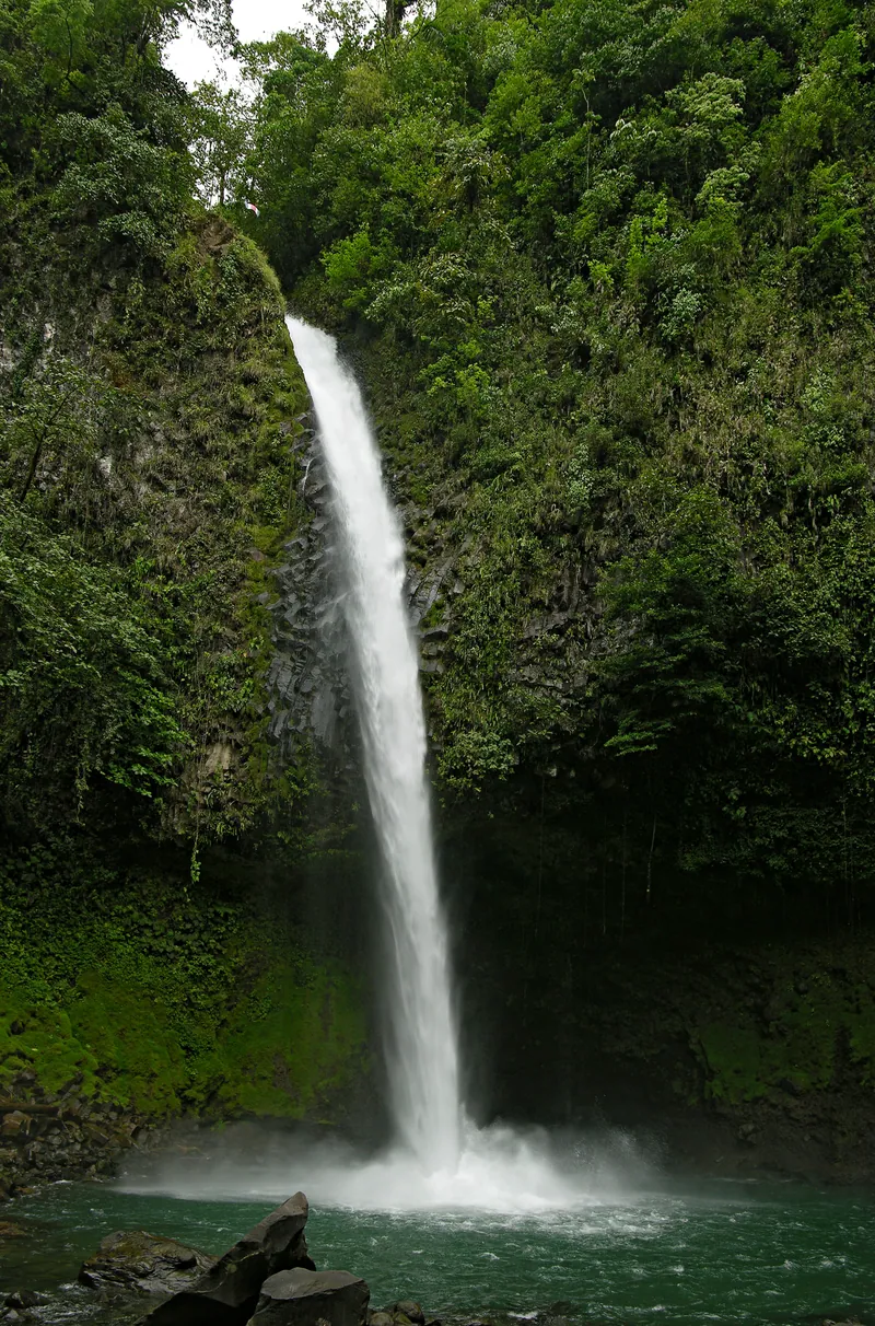 Cascade de La Fortuna dans un haut ravin couvert de forêt